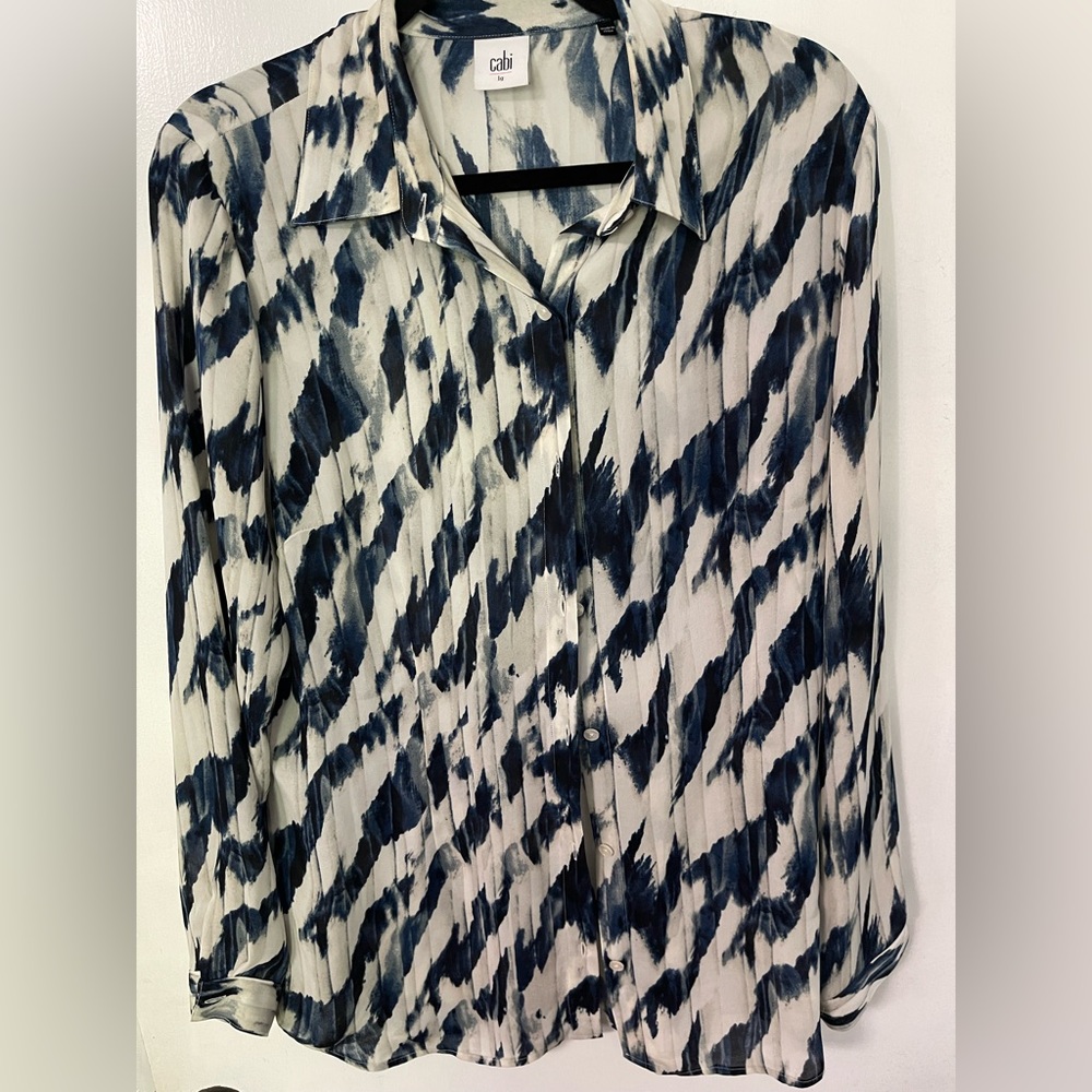 Cabi Top Button Shirt Blouse Womens Large Long Sleeve Collar Blue White